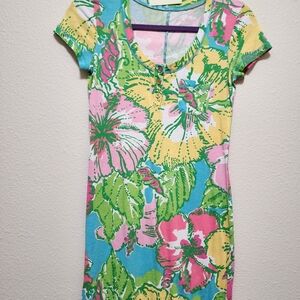 Lilly Pulitzer Pastel Tropical Print Tee Dress in Pink, Green & Purple XXS